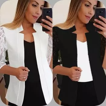 Модный женский костюм осень-зима, маленький, сшитый на заказ, с кружевным воротником и рукавами, большого размера, повседневный, однотонный, пиджак, топы S белый