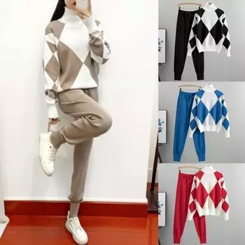 Модный женский костюм осень-зима повседневный вязаный клетчатый свитер + брюки костюм из двух частей XXL чёрный