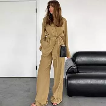 Модный женский костюм-пальто на шнуровке, повседневная рубашка с V-образным вырезом и длинным рукавом, свободные широкие брюки 2025 года, весенние шикарные женские комплекты с длинными брюками S чёрный