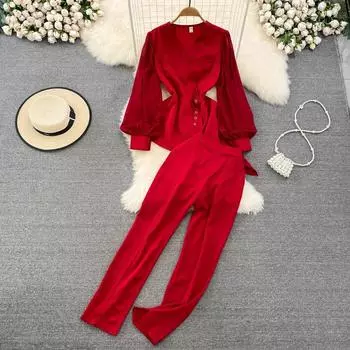 Модный женский костюм, повседневная тонкая блузка с v-образным вырезом и длинными рукавами на талии + маленькие брюки с высокой талией, осенний комплект из двух предметов One Size чёрный