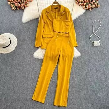 Модный женский костюм, профессиональный темпераментный костюм в британском стиле, пальто из трех предметов, тряпичный топ с высокой талией, широкие брюки One Size чёрный