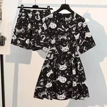 Модный женский костюм с цветочным принтом, летний комплект из 2 предметов, шикарное шифоновое платье, утягивающий, уменьшающий возраст, короткий костюм XXXXL