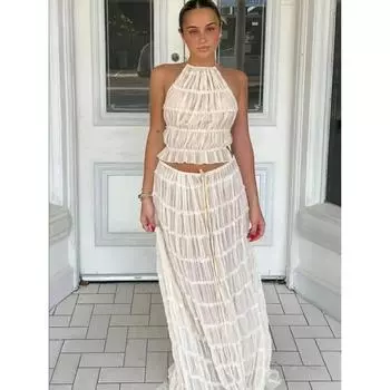 Модный женский костюм с длинной юбкой и воротником-халтер, с открытой спиной, с завязками на бретелях, со складками, макси-юбки, прозрачные женские комплекты из 2 предметов, летние наряды S бежевый
