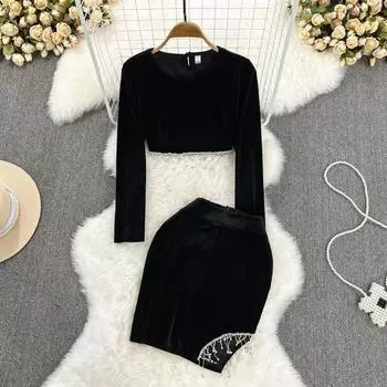Модный женский костюм с круглым вырезом и высокой талией, короткая бахрома, канареечная флисовая блузка из двух частей, юбка с разрезом и высокой талией, осень-зима