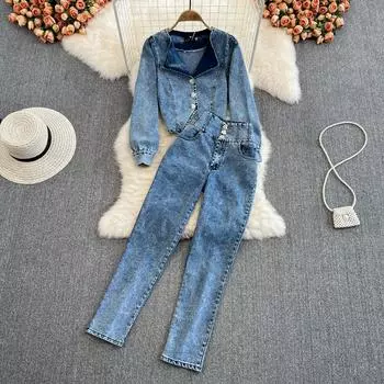 Модный женский костюм с высокой талией, облегающий модный ковбойский папа, брюки, брюки Харлан, комплект из двух частей, воротник, короткий модный топ