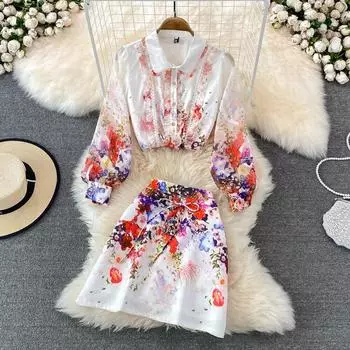 Модный женский костюм, супер фея, леди, темперамент, свободная рубашка с длинными рукавами и принтом, комплект из двух предметов, юбка с высокой талией, весна