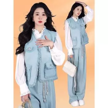 Модный женский костюм-тройка с жилеткой без рукавов, рубашкой с длинными рукавами и брюками M синий