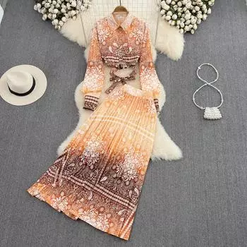 Модный женский костюм, универсальная короткая рубашка с градиентными лацканами, состоящая из двух частей, плиссированное платье трапециевидной формы с высокой талией