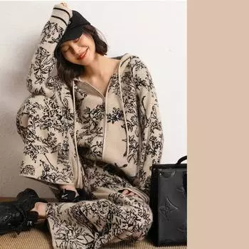 Модный женский костюм весна-осень, жаккардовый свитер с капюшоном и застежкой-молнией, широкие брюки с высокой талией S хаки