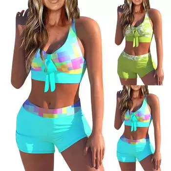 Модный женский купальник бикини с принтом и разрезом большого размера (2 шт) XXL синий