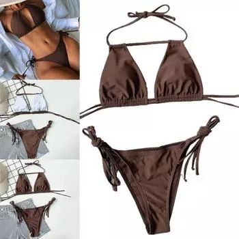 Модный женский купальник, простой беспроводной комплект из двух частей, ажурный бюстгальтер и трусы с завязками для пляжа M коричневый