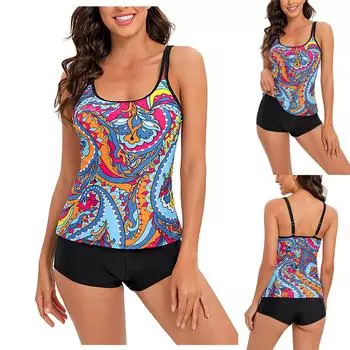 Модный женский купальник с круглым вырезом и принтом, разделенный купальник XXL синий