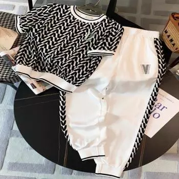 Модный женский летний костюм, высококачественное ощущение, уменьшающий возраст, повседневные брюки с короткими рукавами и завязками на ногах, комплект из двух предметов, брюки XXL черный белый