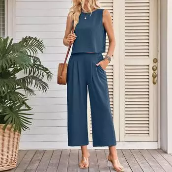 Модный женский летний повседневный жилет без рукавов с широкими штанинами и девятью точками, женский костюм L тёмно-синий