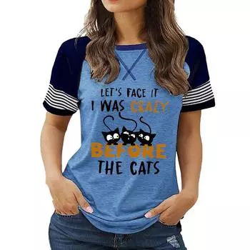 Модный женский летний топ с круглым вырезом, короткими рукавами и набивным рисунком размера плюс S