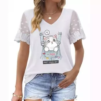 Модный женский летний топ с V-образным вырезом, короткими рукавами и кружевными рукавами с цветочным принтом в размере плюс S