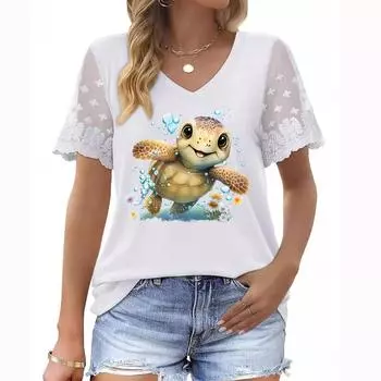 Модный женский летний топ с V-образным вырезом, короткими рукавами и кружевными рукавами с цветочным принтом в размере плюс S