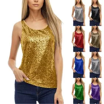 Модный женский летний жилет без рукавов с круглым вырезом и блестками, повседневные топы, футболки, майки L чёрный
