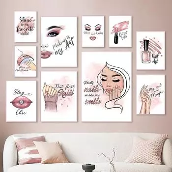 Модный женский макияж, настенный художественный постер и принты, румяна для ногтей, губы, современная картина на холсте, розовая картина, украшение, офисный подарок, искусство 21x30cm No Frame