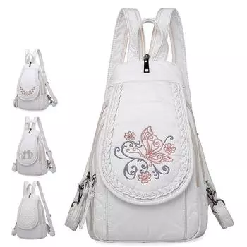Модный женский маленький рюкзак с вышивкой, высококачественный мягкий потертый кожаный рюкзак, женский многофункциональный рюкзак 20x8x30cm холодный белый