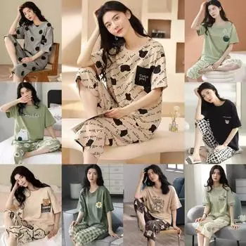 Модный женский новый летний комплект из двух предметов домашней одежды с короткими рукавами и семью брюками - модный и дышащий M