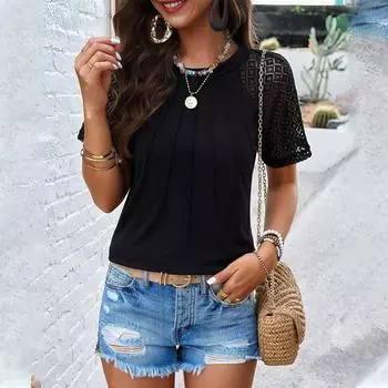 Модный женский облегающий повседневный топ темперамент с круглым вырезом и короткими рукавами S чёрный