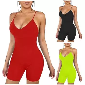 Модный женский однотонный комбинезон без рукавов с v-образным вырезом L чёрный