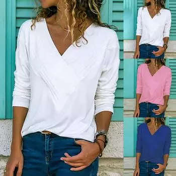 Модный женский однотонный приталенный топ средней длины с V-образным вырезом и длинными рукавами L розовый