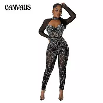 Модный женский однотонный сетчатый комбинезон с длинными рукавами и длинными брюками S чёрный