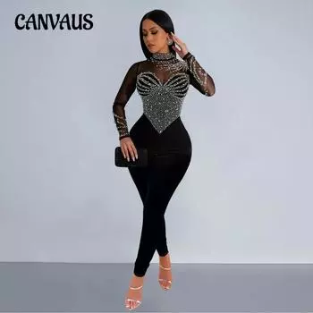 Модный женский однотонный сетчатый комбинезон с длинными рукавами и длинными брюками S чёрный