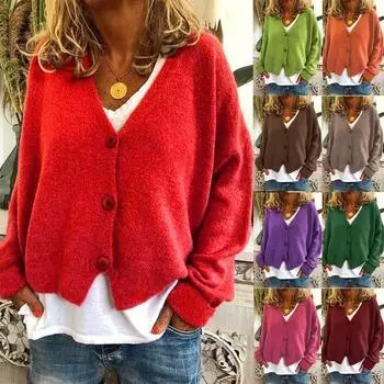 Модный женский однотонный свитер с v-образным вырезом и пуговицами, повседневный эластичный вязаный свитер, кардиган, пальто L армия зеленый