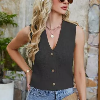 Модный женский однотонный трикотажный жилет с V-образным вырезом на пуговицах M чёрный