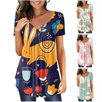 Модный женский осенне-зимний повседневный топ с короткими рукавами и круглым вырезом с принтом Пасхи XXL зелёный