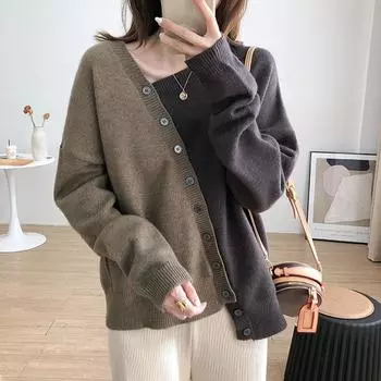 Модный женский осенне-зимний свободный кардиган нерегулярной формы, свитер с v-образным вырезом и пуговицами, вязаный повседневный свитер, топы One size темно-синий