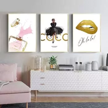 Модный женский парфюм для девочек, постер, розовые туфли на высоком каблуке, золотые губы, декоративные картины, салон красоты, холст, настенная художественная картина, домашний декор 21x30cm No Framed