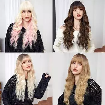 Модный женский парик, воздушный парик с полной челкой, длинные натуральные вьющиеся волосы, атмосферный парик 67.5cm