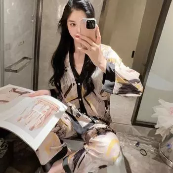 Модный женский пижамный комплект с принтом, пижама из ледяного шелка с длинным рукавом и принтом M жёлтый