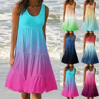 Модный женский повседневный летний сарафан с принтом, свободная пляжная юбка с градиентом, платье L синий