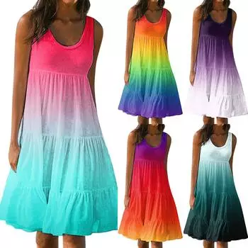 Модный женский повседневный летний сарафан с принтом, свободная пляжная юбка с градиентом, мини-платье L циан