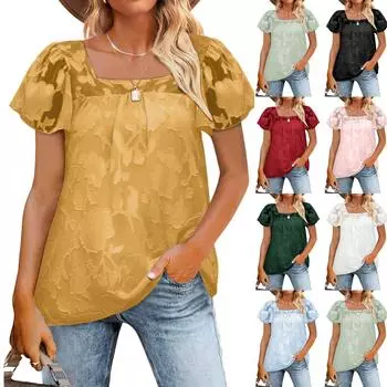 Модный женский повседневный однотонный пуловер с квадратным воротником и короткими рукавами XXL чёрный