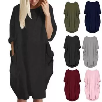 Модный женский повседневный однотонный свободный круглый вырез с коротким рукавом пуловер миди 4XL вино красного