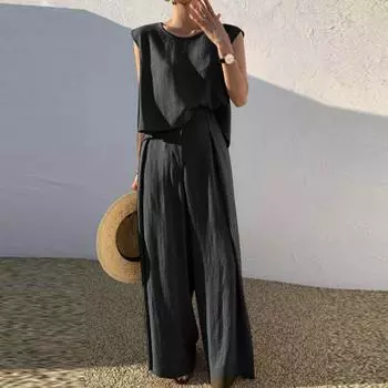 Модный женский повседневный пуловер без рукавов из хлопка и льна с широкими брюками, однотонный костюм XL чёрный