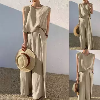 Модный женский повседневный пуловер без рукавов из хлопка и льна с широкими брюками, однотонный костюм L бежевый