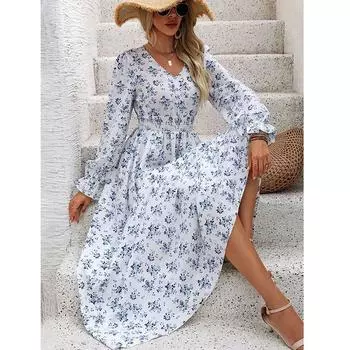 Модный женский повседневный пуловер с V-образным вырезом и принтом, вечернее платье с длинным рукавом S белый