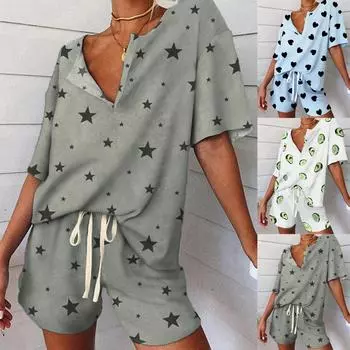 Модный женский повседневный спортивный костюм с коротким рукавом с принтом, ночное белье, шорты, комплект для сна L синий