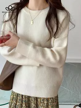 Модный женский повседневный свитер в стиле ретро, серый однотонный, со свободными карманами и круглым вырезом, модный универсальный джемпер, женские топы, верхняя одежда one size белый