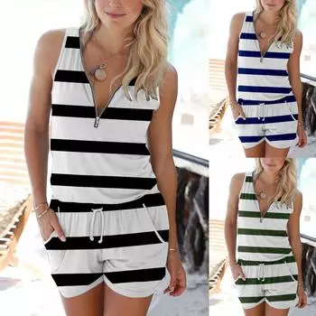 Модный женский повседневный свободный пляжный комбинезон без рукавов на молнии с V-образным воротником M синий