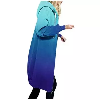 Модный женский повседневный свободный свитер с капюшоном средней длины, однотонное пальто с длинными рукавами синий