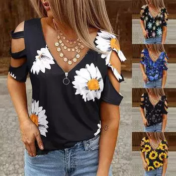 Модный женский повседневный свободный топ с v-образным вырезом и короткими рукавами на молнии с открытыми плечами и принтом One size чёрный