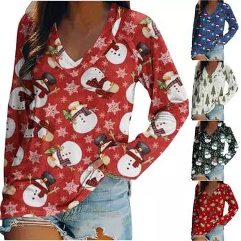 Модный женский повседневный топ с длинным рукавом с v-образным вырезом и рождественским принтом XXL чёрный